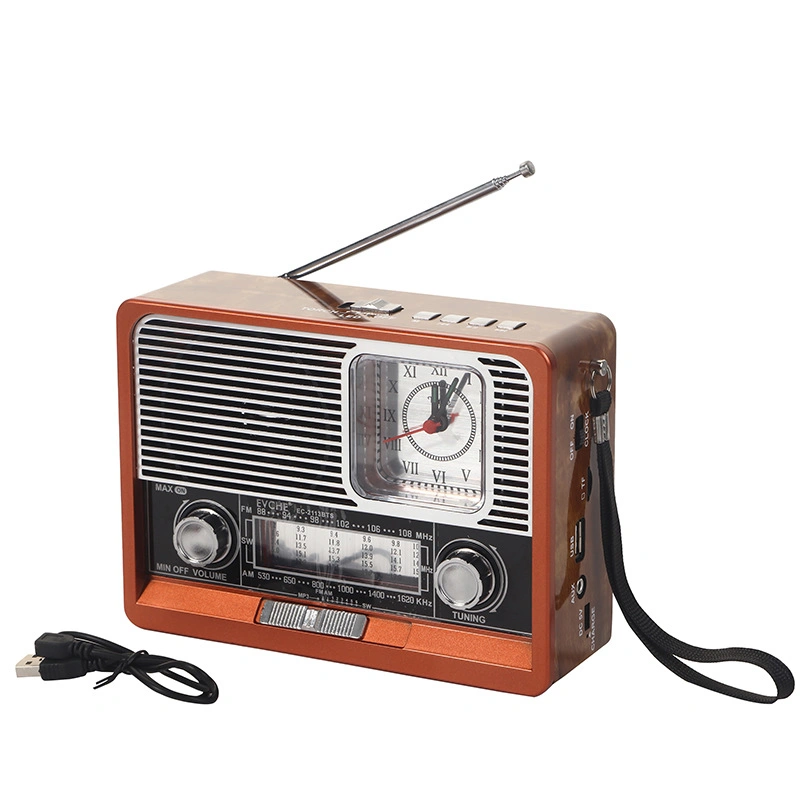 Regalo promocional Nostalgic Vintage Reloj de madera de grano Reproductor Solar inalámbrico Audio Bluetooth ® con luces altavoz Bluetooth ® para exteriores Radio de estilo antiguo