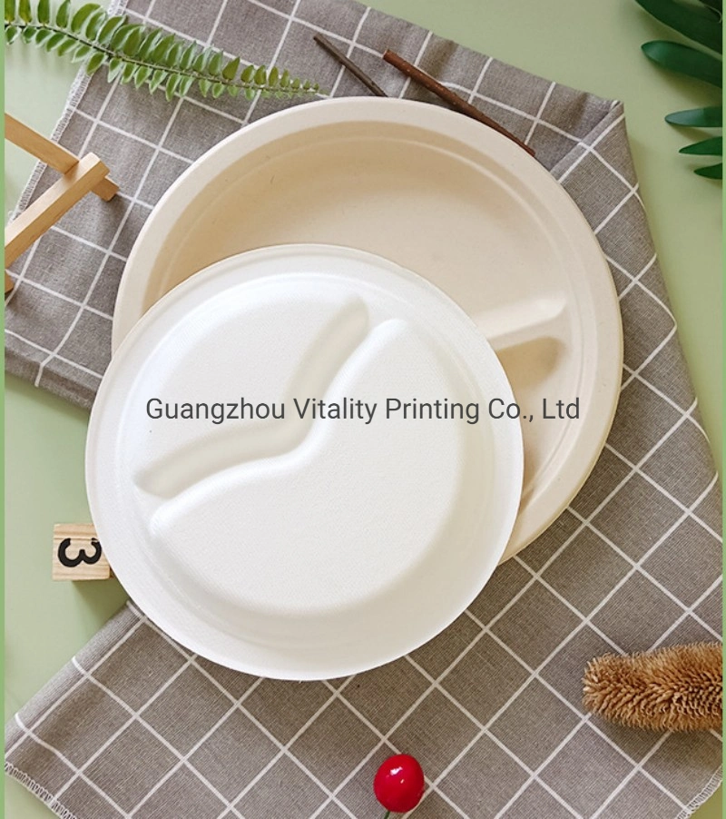 Disposable Biodegradable Sugarcane Pulp 12 Inch 3 Compartments Round Cake Plate Picnic Plate BBQ Tray