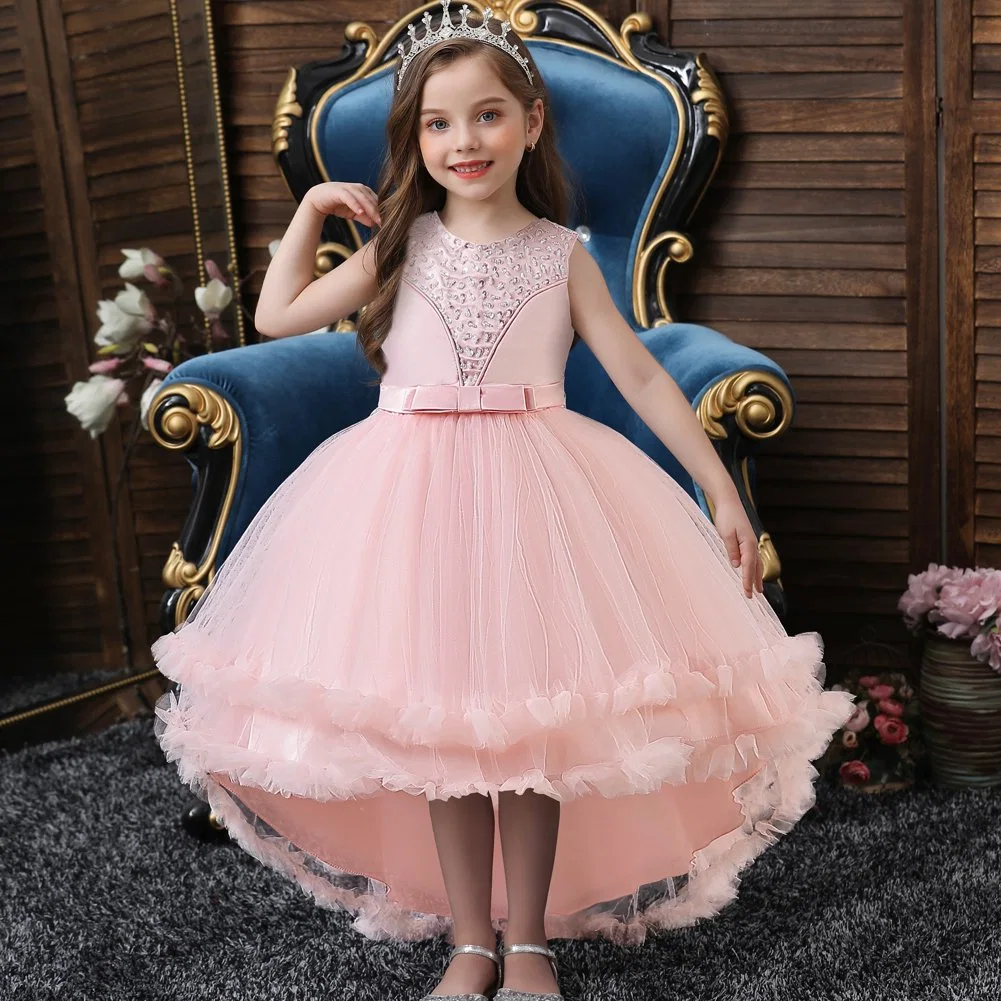 European Style Banquet Evening Dress for Girls of 10 Year Old Red Sequin Children Birthday Party Dress Tail Girl Wedding Dress