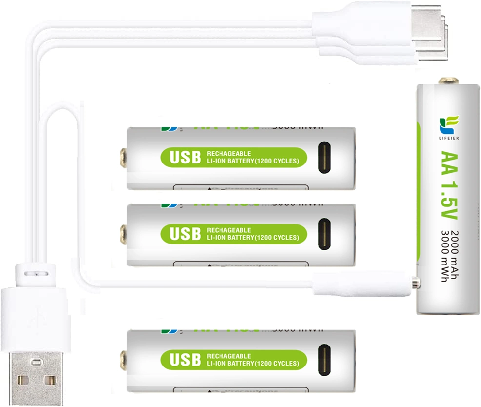 Pile rechargeable USB AA 1,5V au lithium avec certification CE, RoHS.