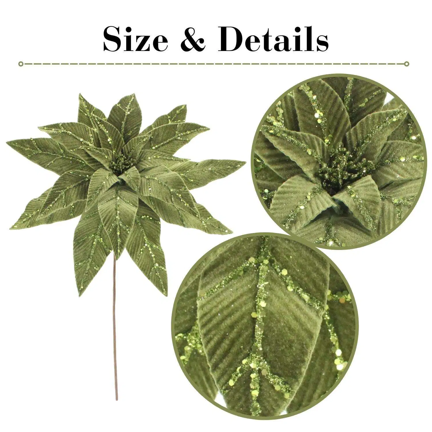 Christmas Ornament Decorative Accents Big Size Flower Green Velvet Poinsettia Glitter Artificial Poinsettia Flowers