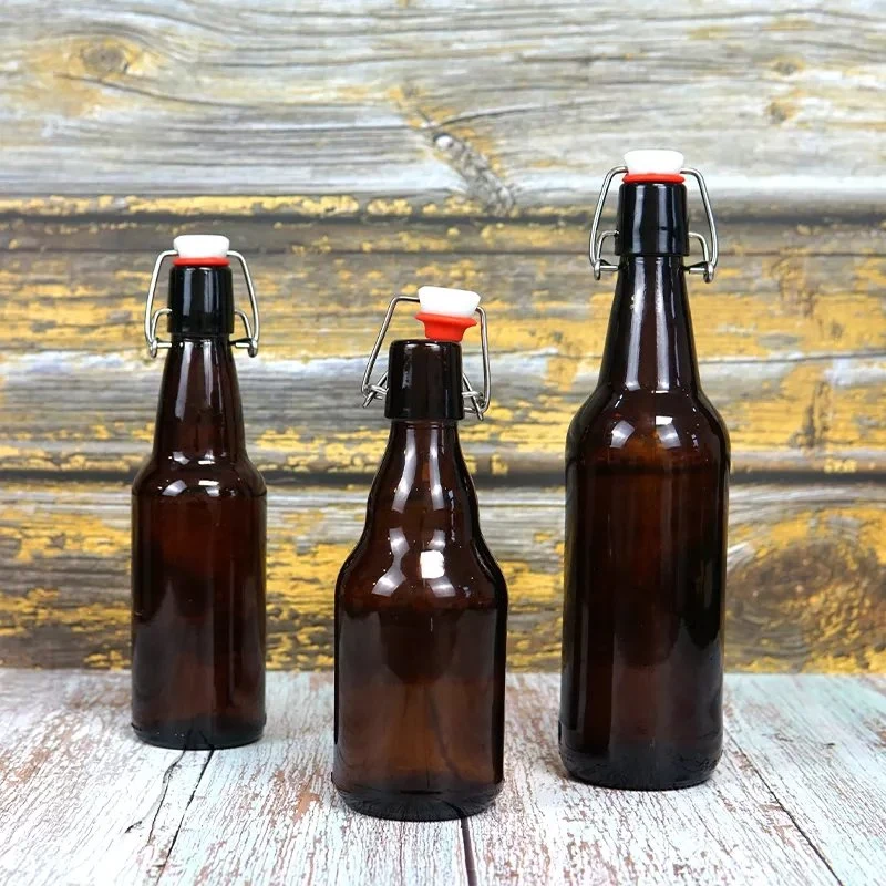 Amostra grátis de garrafa de cerveja de vidro vazia, reciclável, com tampa de balanço, com logotipo personalizado, para Kombucha, nos tamanhos de 200ml, 250ml, 300ml, 330ml, 500ml e 1 litro.