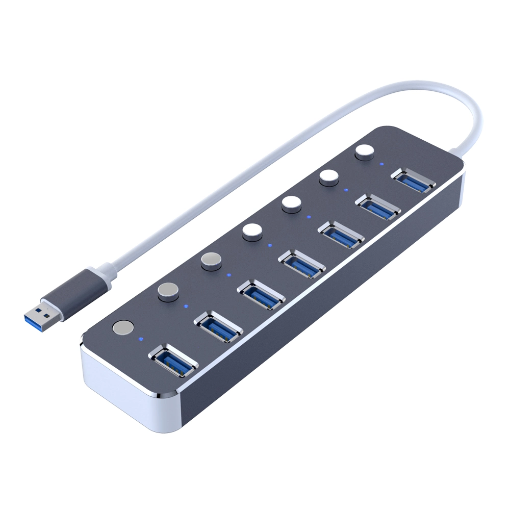 Hub USB 3.0 de 7 portas em alumínio grossista com comutador separado