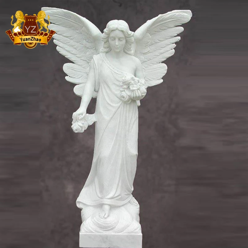 Natural Stone Figure Statue Life Size Hand Carving White Marble Angel with Wings Statue
