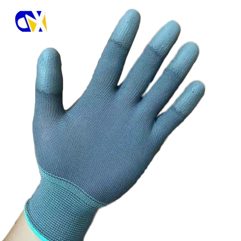 Gray Nylon Knitted PU Coated Finger Safety Work Gloves