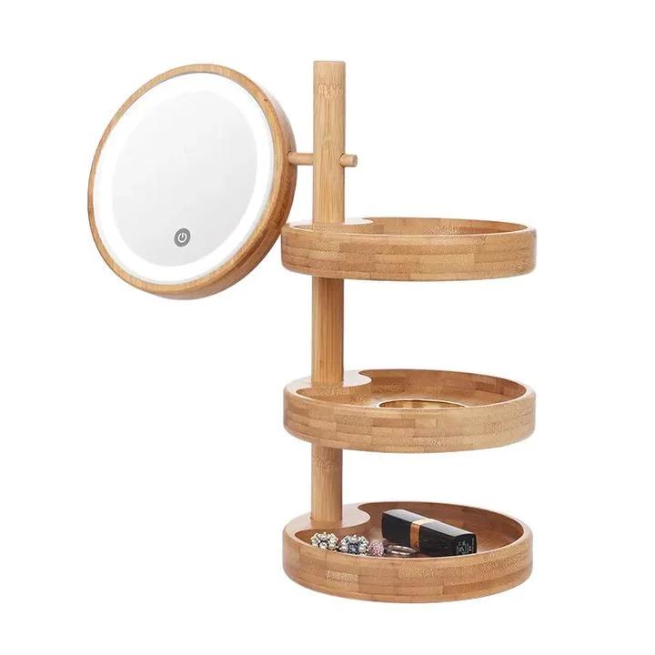 USB Rechargeable LED Round Simple Table Wooden Makeup Mirror