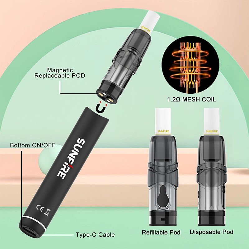 Original Sunfire Pod VAPE Pen E Kit de inicio de cigarrillos 320mAh 2mL dispositivo de pods rellenables vacíos con sistema de bloqueo inferior caliente Venta compatible vapor