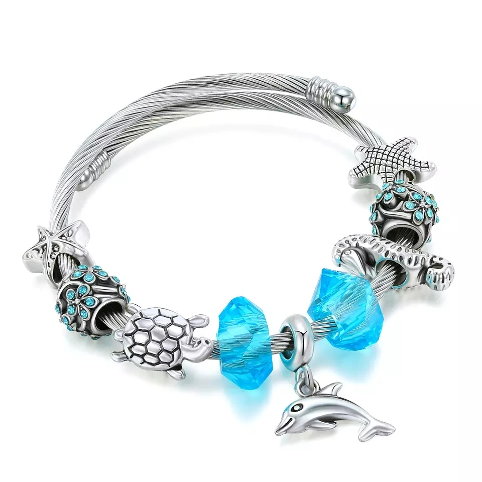 Elegante pulsera de acero inoxidable de la playa de bricolaje Charms pulsera para dama con abalorios de cristal Precio al por mayor joyería artesanal