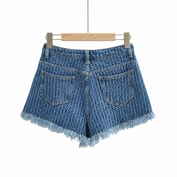 Venta al por mayor de estilo retro con flecos de Slim Fit azul y negro de Mujeres de Color denim shorts