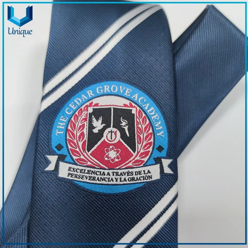 Cheap Imitated Silk Promotional Gift Tie, School Logo Customed Design Necktie, Jacquard Stripe Novelty Tie