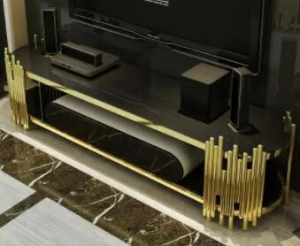 Black Tempered Glass Storage Gold Metal Base Function Cabinet TV Stand for Living Design