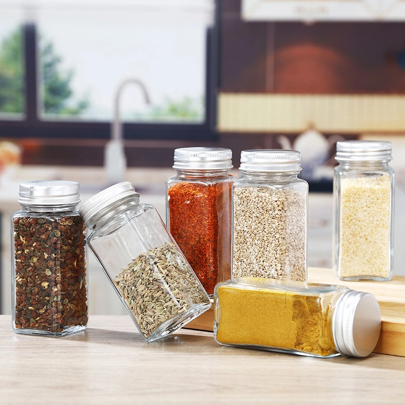 4 Oz 120ml Clear Square Glass Spice Jar Glass Bottles for Salt Pepper Seasoning Storage with Shaker Tops Silver Metal Lid