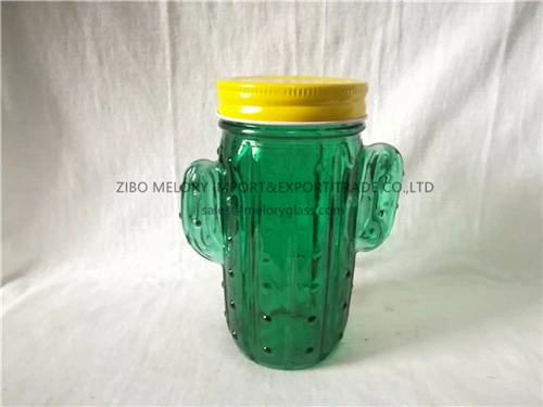 Cactus Shape Green Glass Jar/Glass Candle Holder with Metal Lid