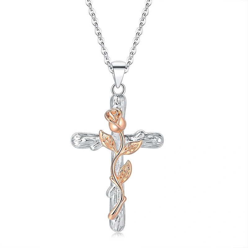 New Arrival Rose Wrapped Cross Pendant Necklace Creative Stainless Steel Drip Oil Clavicle Chain Women&prime; S Accessories