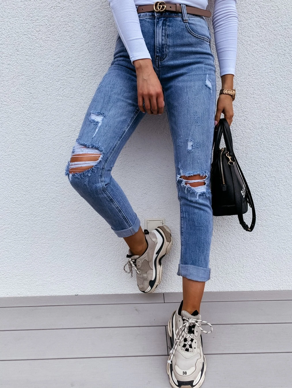 Las mujeres Hot-Sale Ripped Jeans Slim mujer''s la moda Denim Jeans