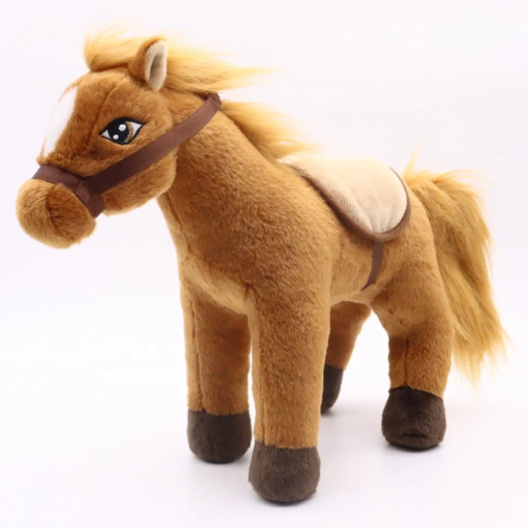 Custom Logo 30 (H) X35 (L) Cm Kids Plush Toys Standing Horse Brown Soft Pony Children Gift Stuff Animal Horse with The Saddle Baby Toy