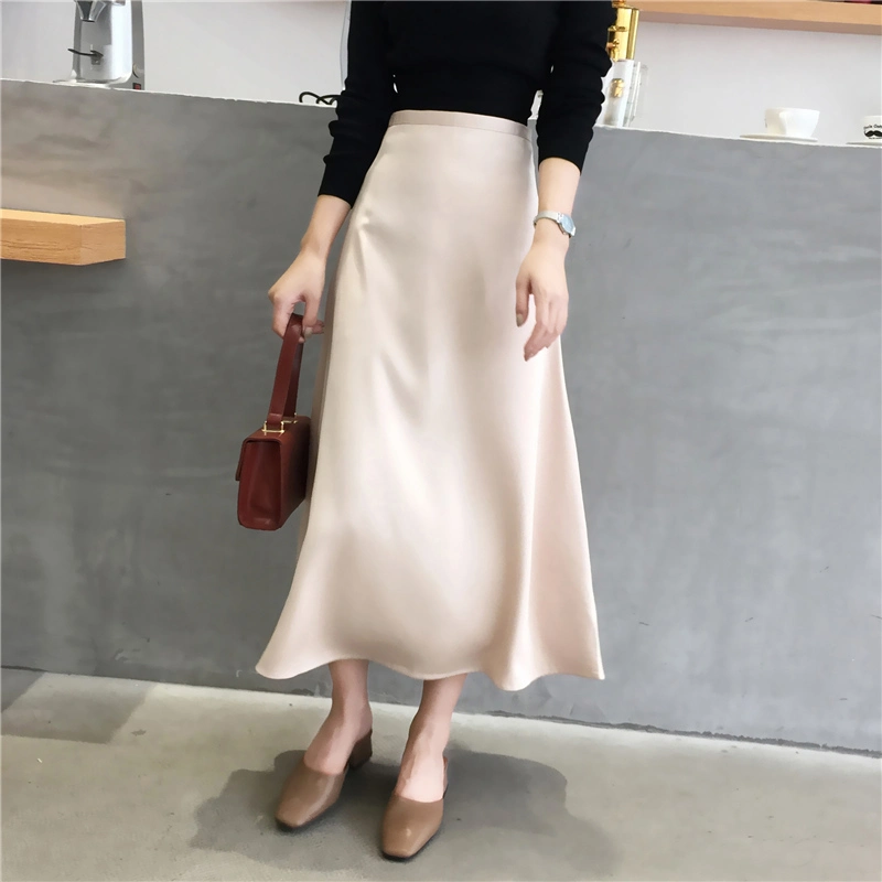 Women Elegant Ol Skirt Ladies Glossy Satin Skirt Plain Shiny Fashion Party