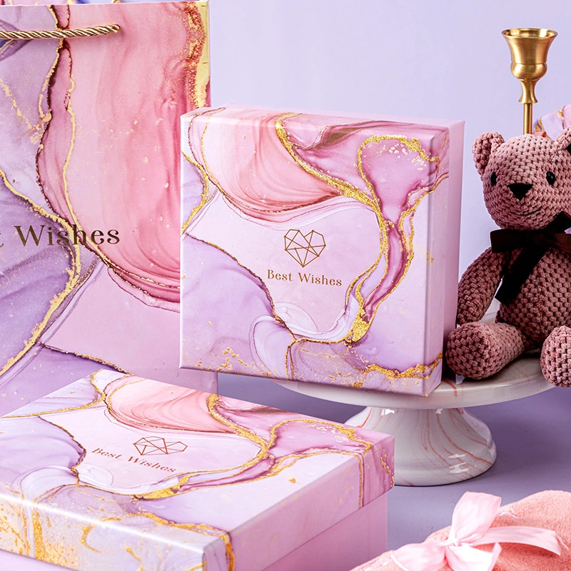 2023 China New Year Cook Wholesale/Supplier Custom Pink Marble Printed Paper Cardboard Christmas Luxury Baby Gift Packaging Boxes Set with Transparent Lid Present