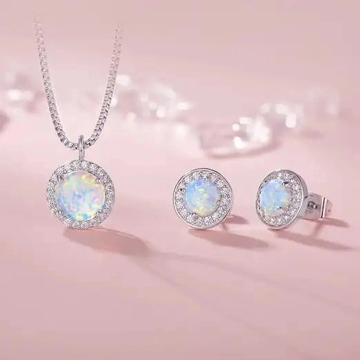 Women's Necklace and Earring Jewelry Set Zircon Opal 925 Silver Rhodium Plating