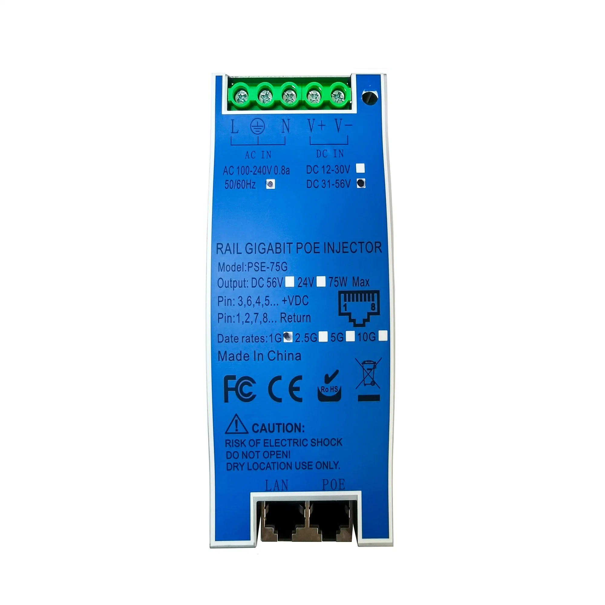 DIN Rail Industrial Single Port Poe Midspan Max 75W 802.3bt Compatible