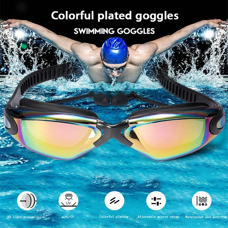 Professional Swimming Goggles Swimming Glasses with Earplugs Nose Clip Electroplate Waterproof Silicone Adluts