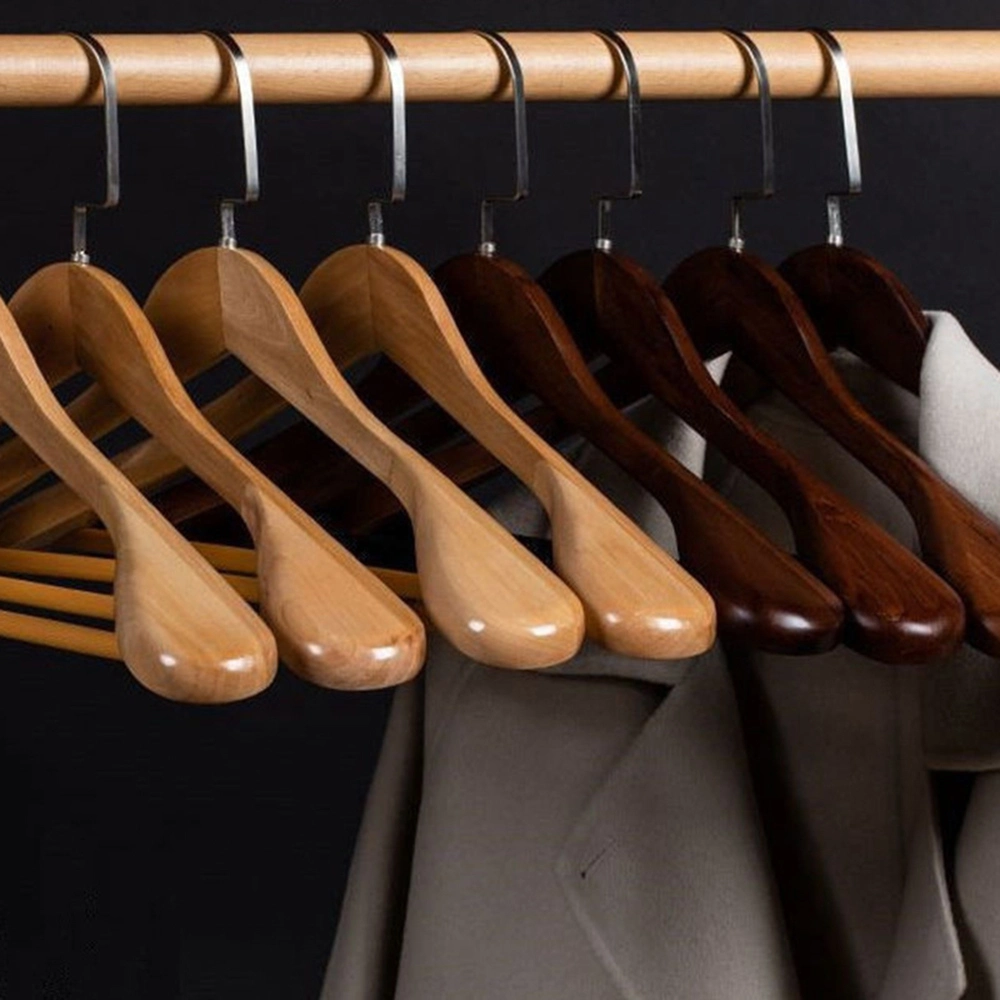 Wooden Top Clothes Hangers in Natural/Brown with Extra Wide Shoulders and Non Slip Bar for Suits/Coats