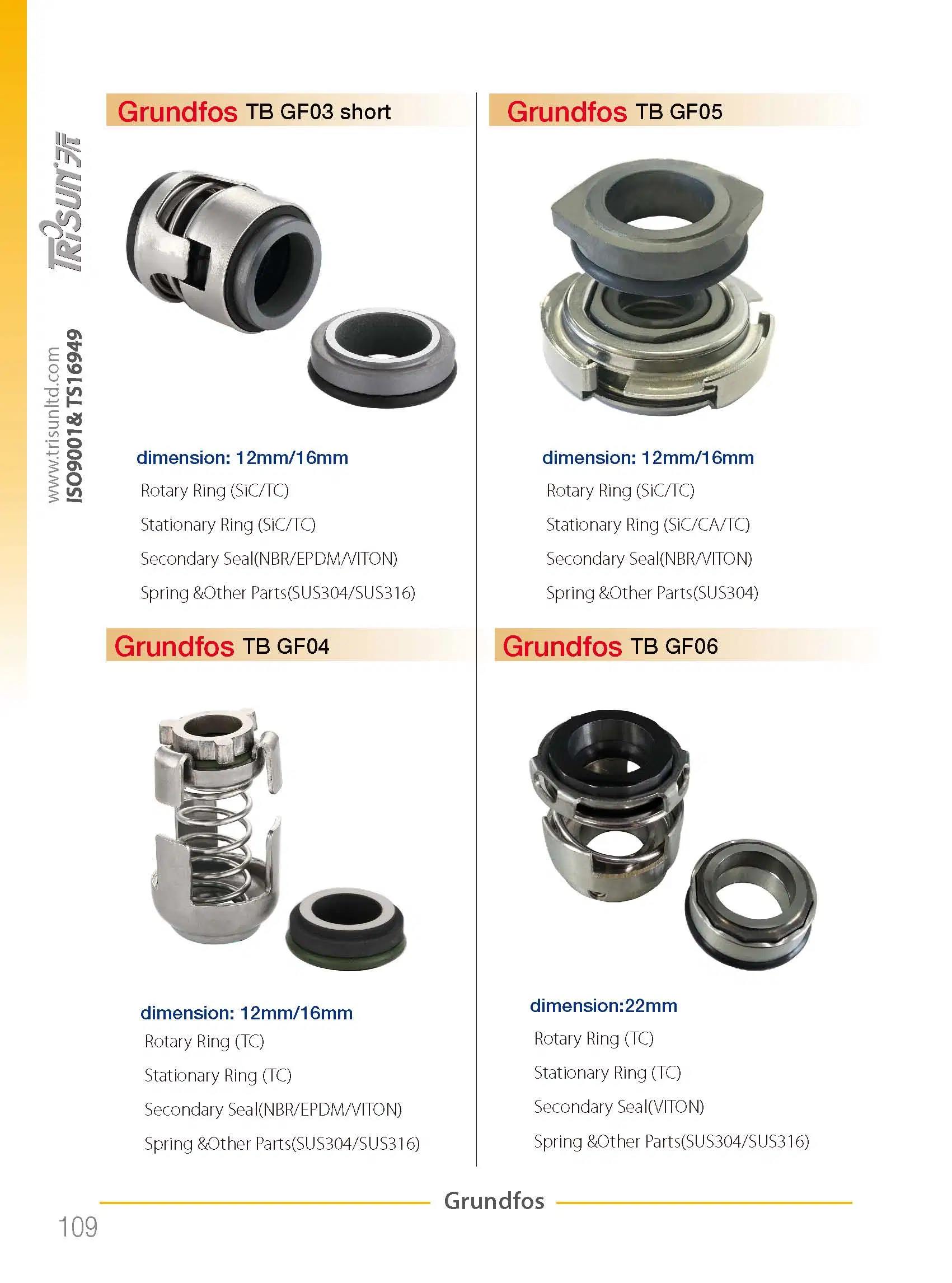 Sello mecánico de cartucho para bombas Speroni Grundfos Cdl/Cdlf CNP