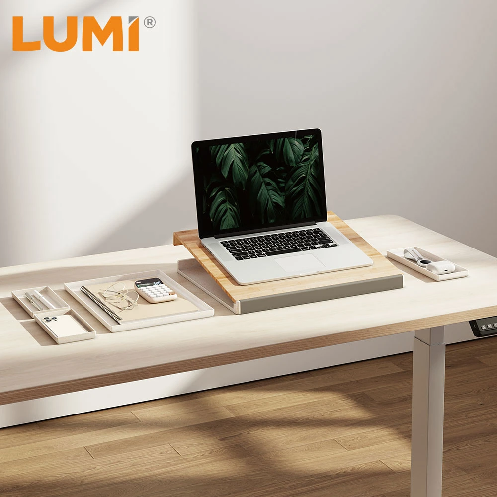 Office Home Desktop Storage Organizer Box with Laptop Stand Bamboo Laptop Riser Desk Organizer Box