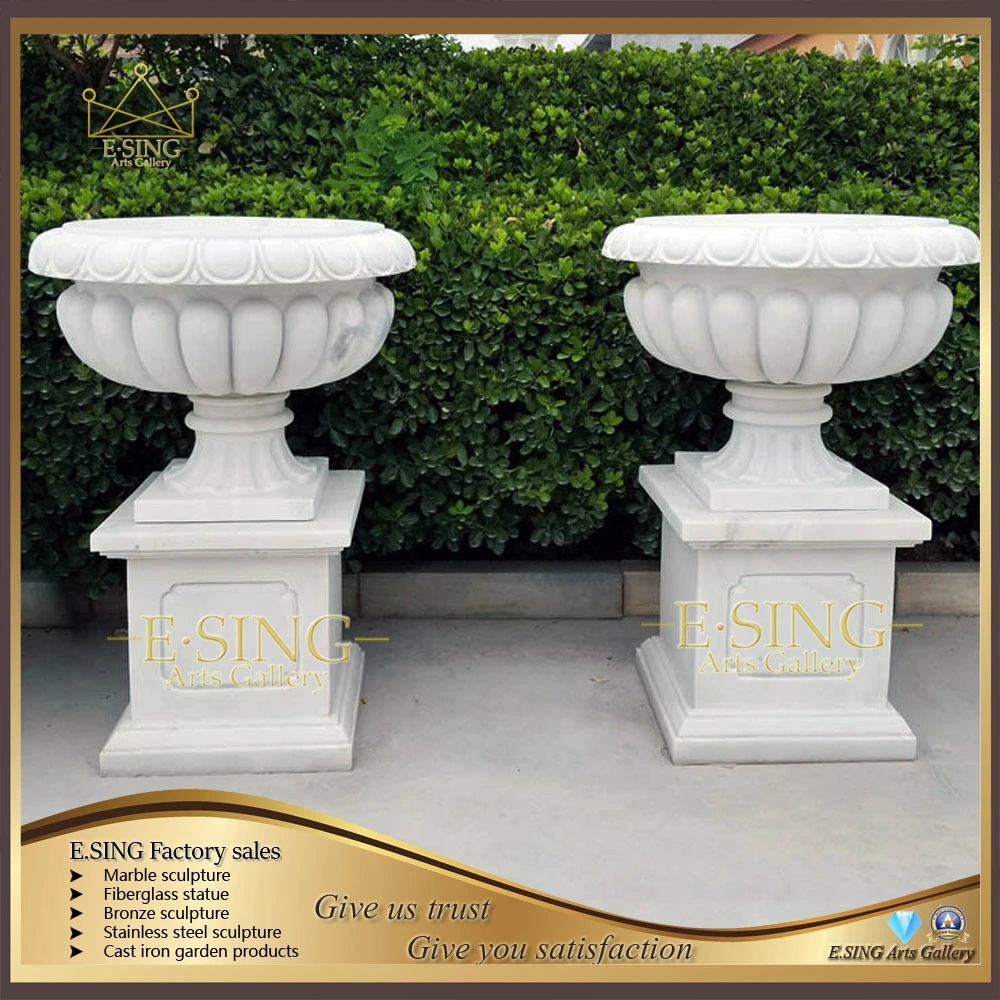 Garden Stone Furniture Flower Vase White Marble Planter Stone Carving Pots Marble Vase for Sale