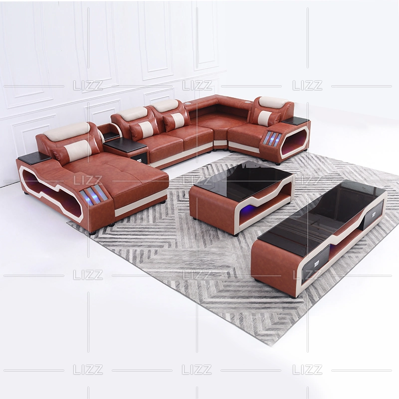 Modern Leisure Home Furniture Set Living Room Leather/ Fabric LED Sectional Corner Sofa