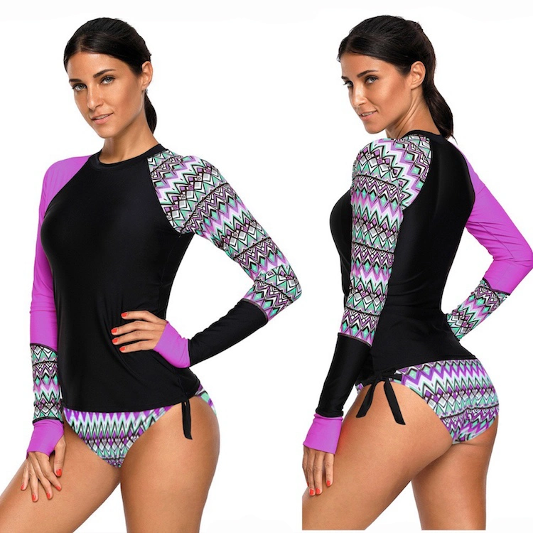 Custom Logo Long Sleeve Sports Rash Guard Beachwear/Swimwear for Women, 2 Piece Summer Bathing Suits Sun UV Protection Surf Outfits Plus Size Swimming Clothes