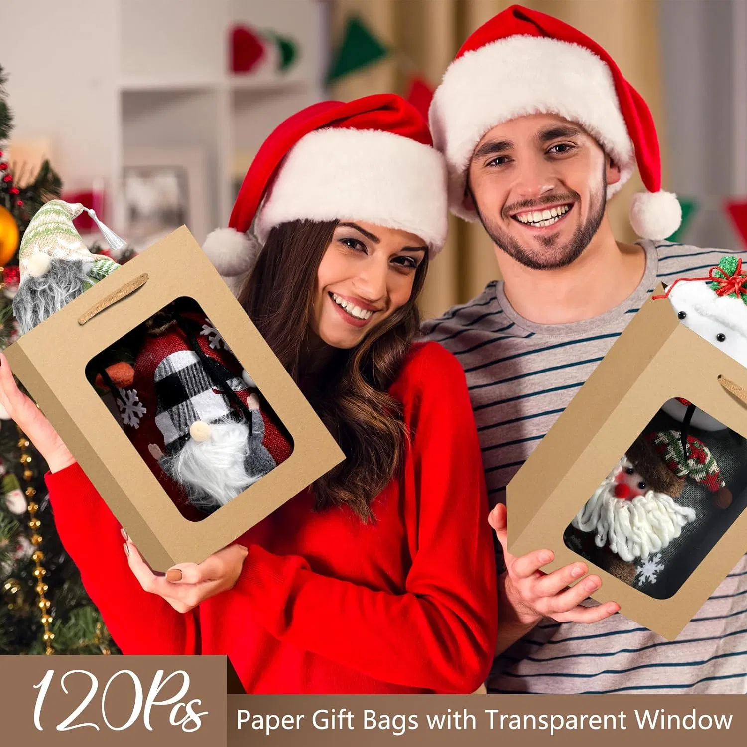 PVC Clear Transparent Window Christmas Gift Flower Paper Carrier Packaging Bag with Ribbon Handle