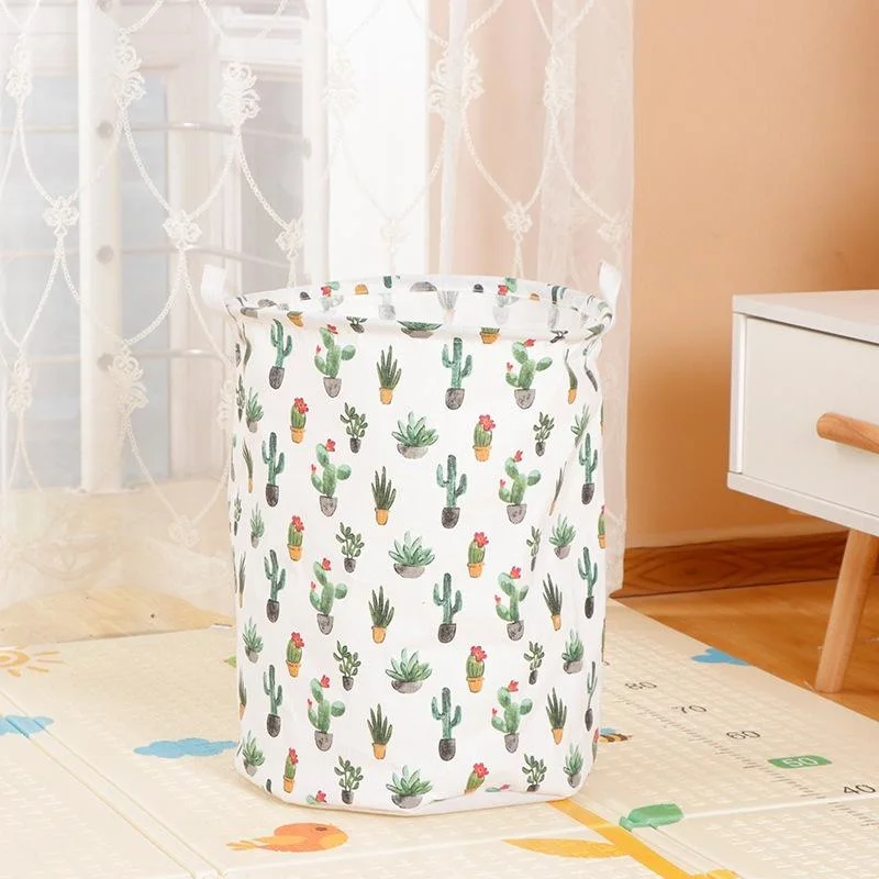 Big Household Round Foldable Cotton Linen Dirty Clothes Basket Storage Basket Fabric with Bilateral Handle