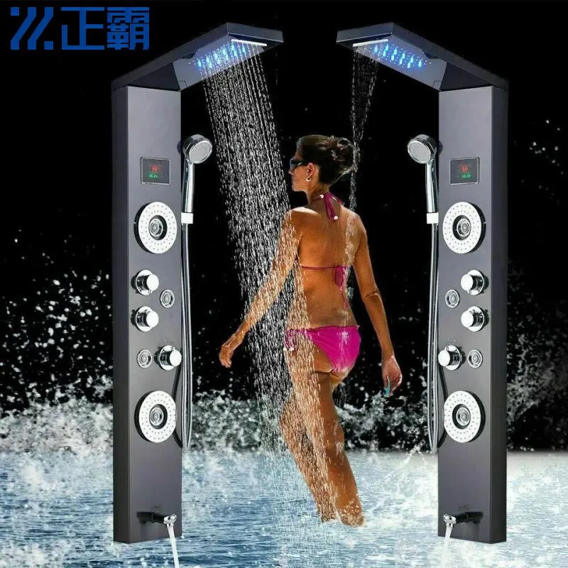 8097 Colonne de douche à poignée unique noire avec affichage LED en acier inoxydable 304 pour salle de bain.