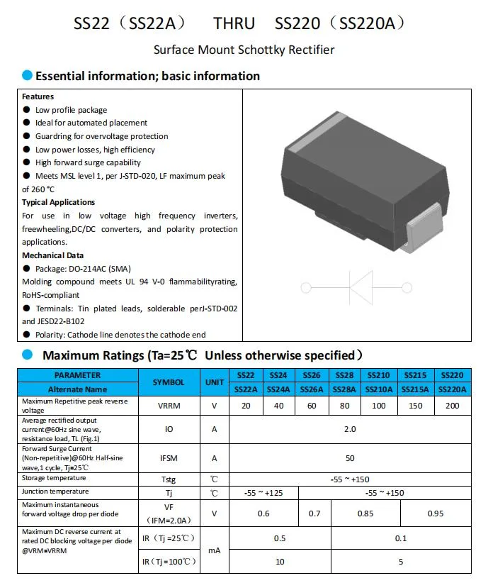 Ss34b diodo rectificador de 20V~200V Schottky de PYMES de montaje en superficie el diodo Zener