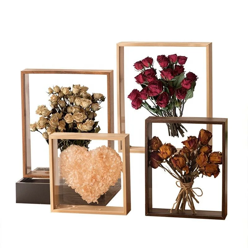 Dried Flower Photo Frame Double-Sided Transparent Glass Display Wood Painting Frame