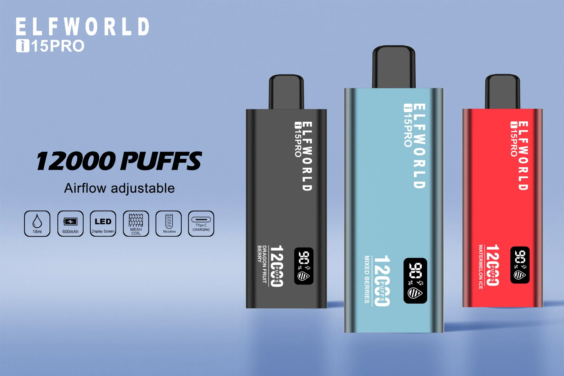 Usine Vente en gros Elf World 600 mAh batterie rechargeable 0% 2% 3% Sel de nicotine 5% Elfworld I15 PRO 12000 Puffs mince jetable Grille d'écran réglable à débit d'air