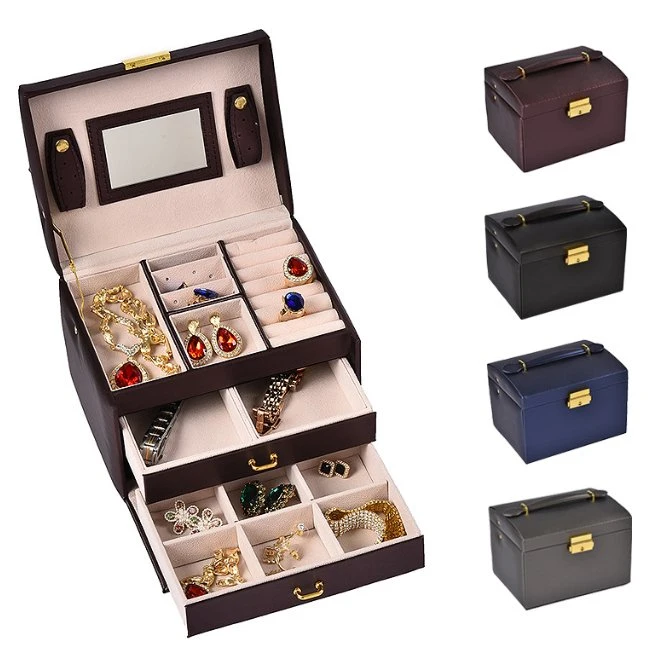 Caixa de gavetas em pele PU topo de gama, caixa cosmética, compartimento para relógios de joalharia Caixa de embalagem de brincos com argolas para colar e orelhas