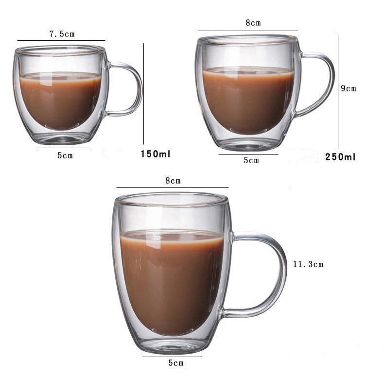 Double Wall Insulated Clear Glass Coffee Tea Mug with Handle Glass Cups