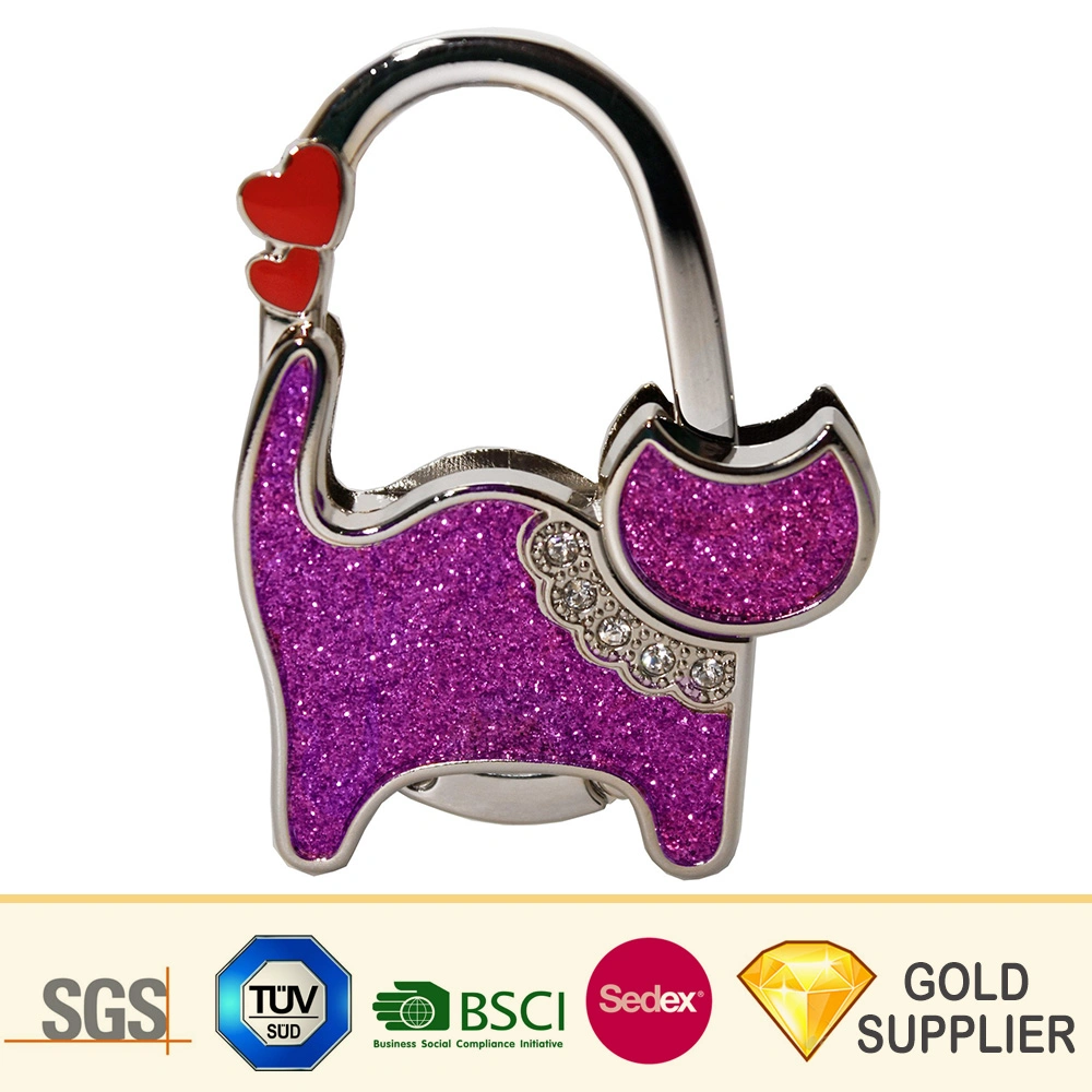 Manufacture Custom Design Unique Shape Metal Zinc Alloy Pedestal Soft Epoxy Portable Rhinestone Foldable Advertisement Hand Bag Purse Hook Hanger for Ladies