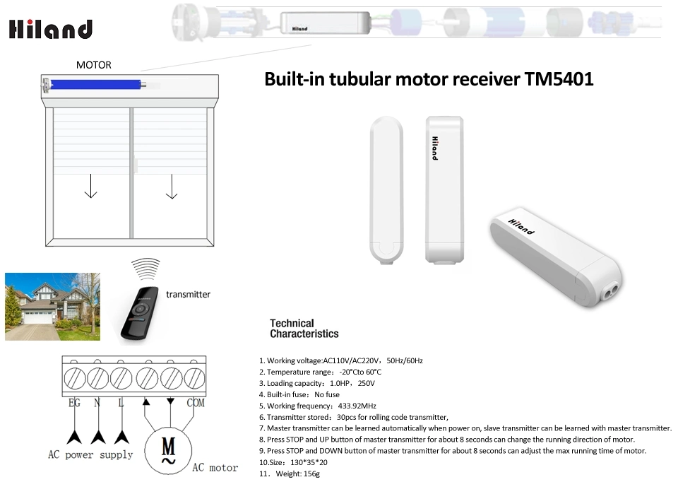 Récepteur de moteur tubulaire intégré à code fixe Hiland TM5404 pour le roulement Porte de garage avec volet