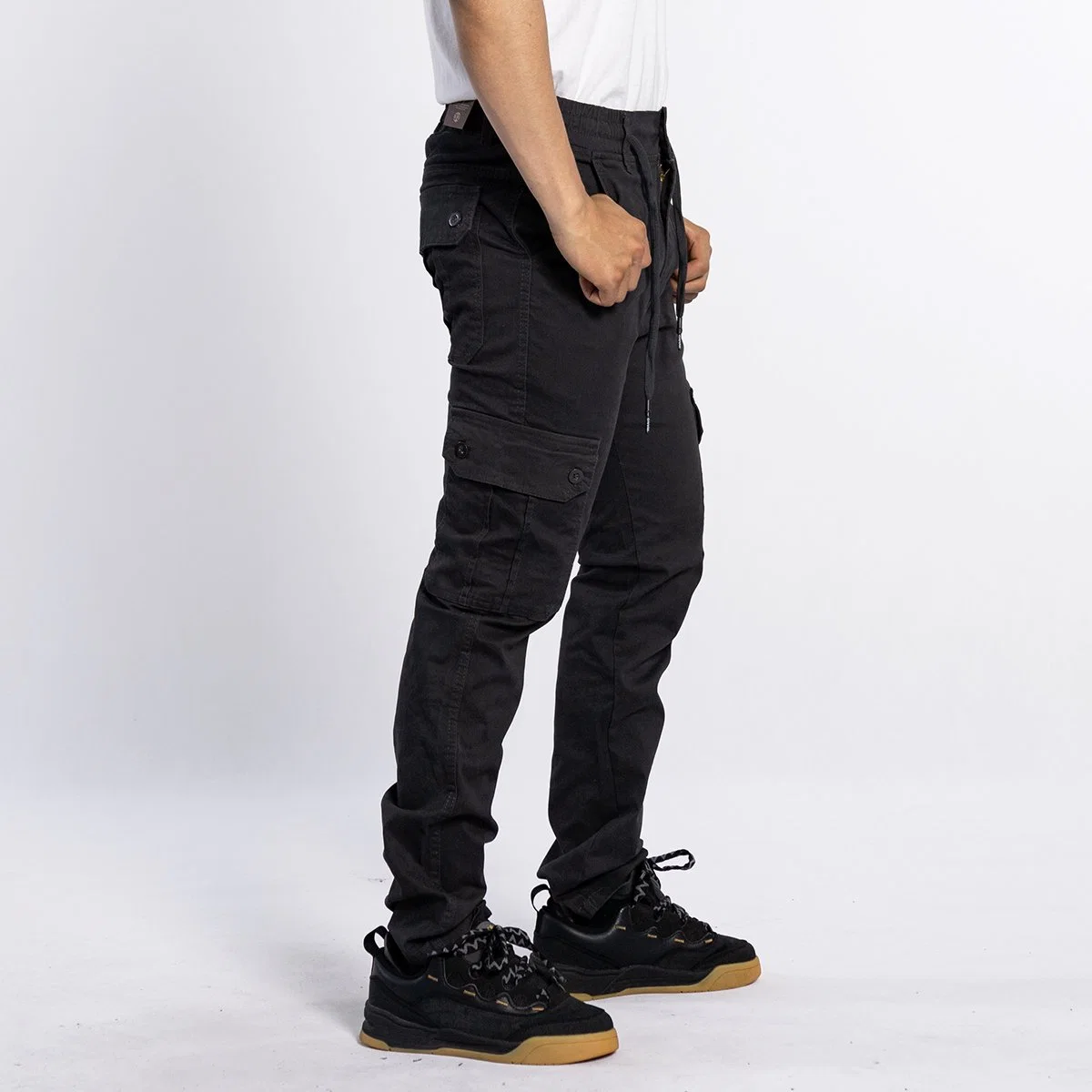 Custom European Style Elastic Waist Black Straight Fashion Men Cargo Pants