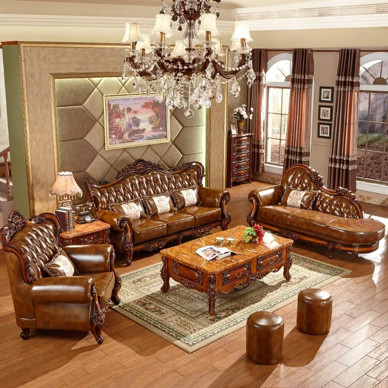 Klassische Möbel Fabrik Großhandel Holz Geschnitzt Wohnzimmer Sofa-Set Mit Marmortischen in optionalen Möbeln Farbe und Sofas Sitz