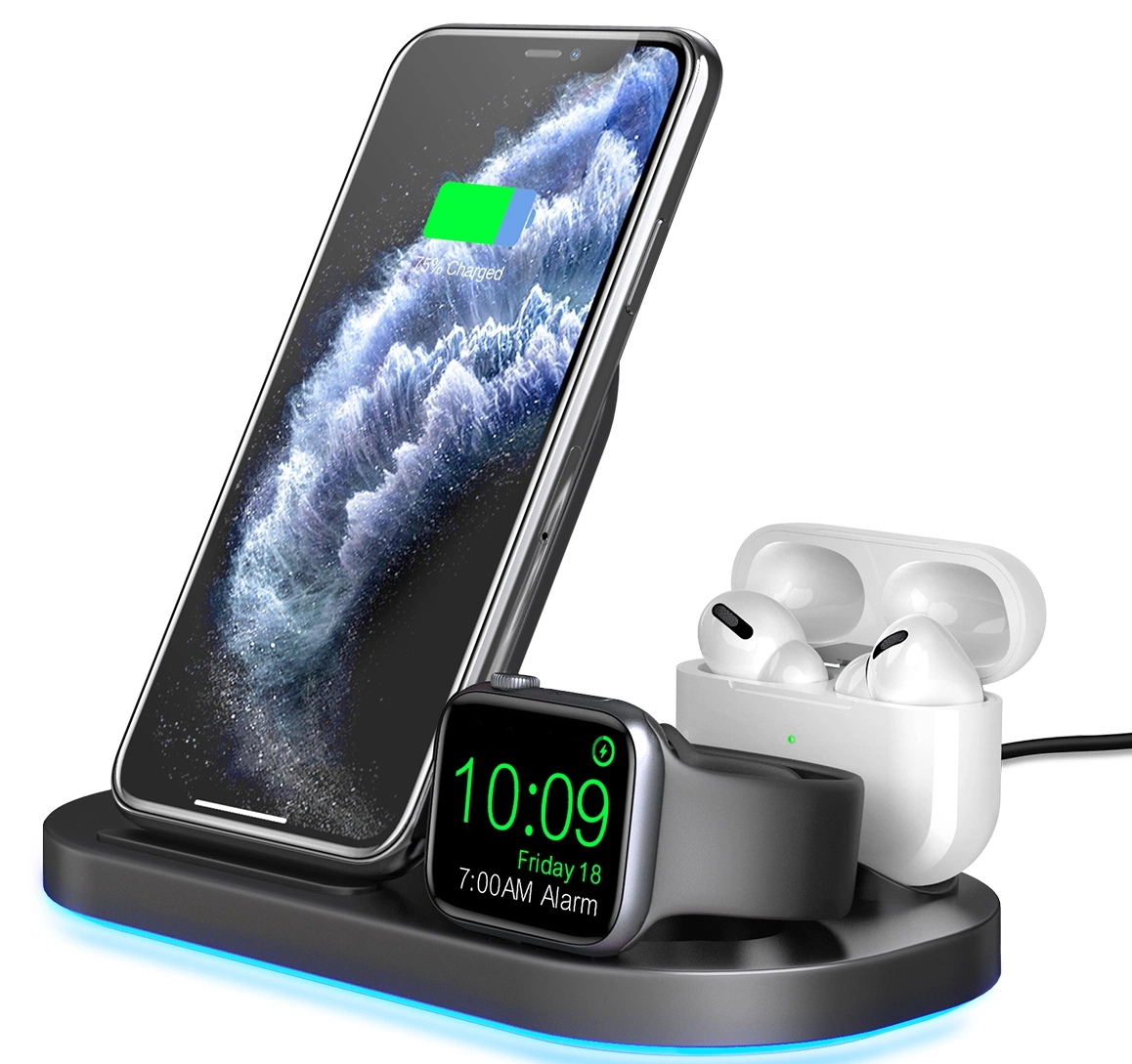 USB Qi 15W 10W Docking 3 en 1 Universal Wireless Estación de carga para Airpod Reloj de Iwatch Teléfono móvil Cargador de batería