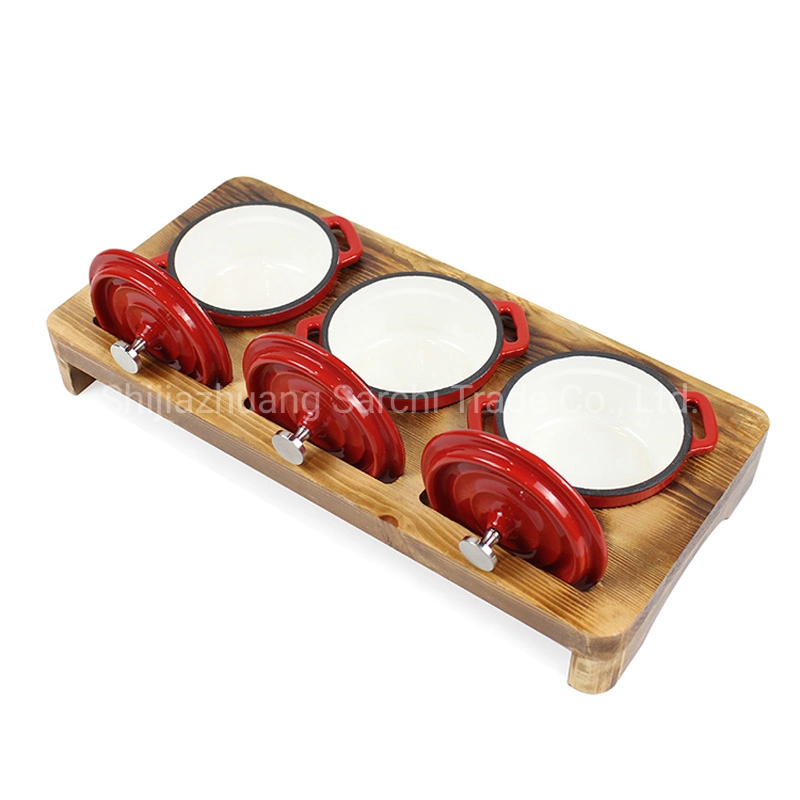 Ensemble de petits pots en fonte, petit plat à vaisselle hollandais Ensemble de pot-soupe pour four avec base en bois