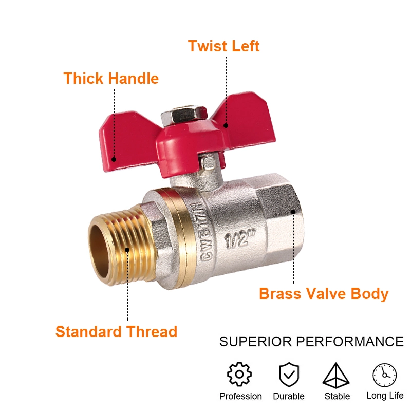 Chrome-Plated or Nickel-Plated Surface Brass Ball Valve with Butterfly Handle