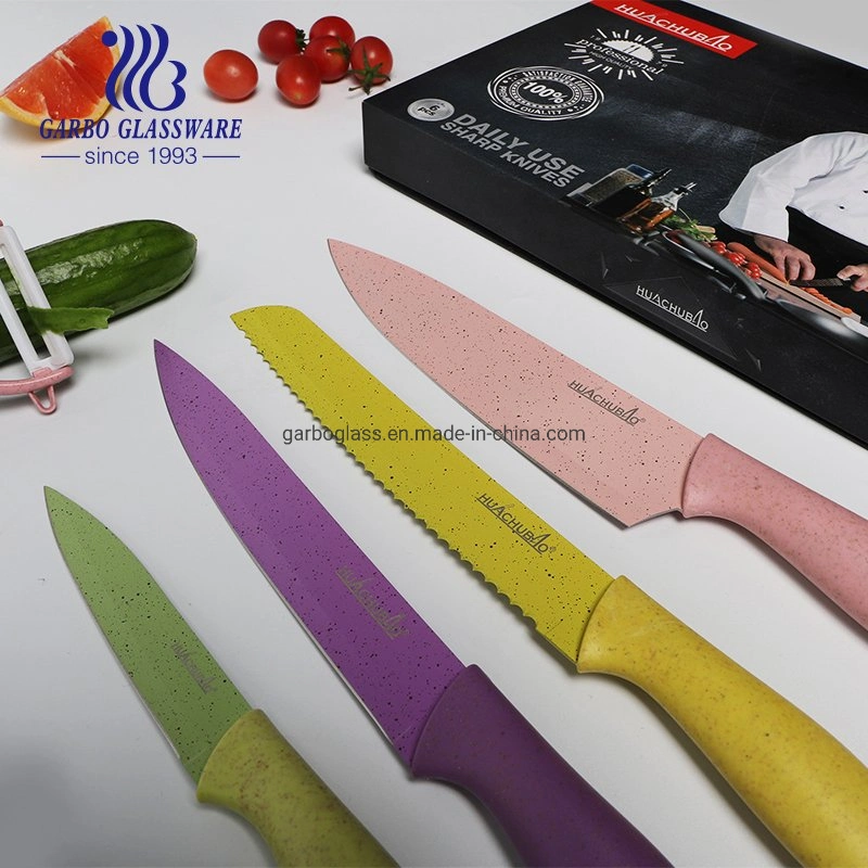 Stainless Steel Chef Knife Set with Wheat Straw Plastic Handle Servicing Butter Knives Kitchenware with Gift Box Pack