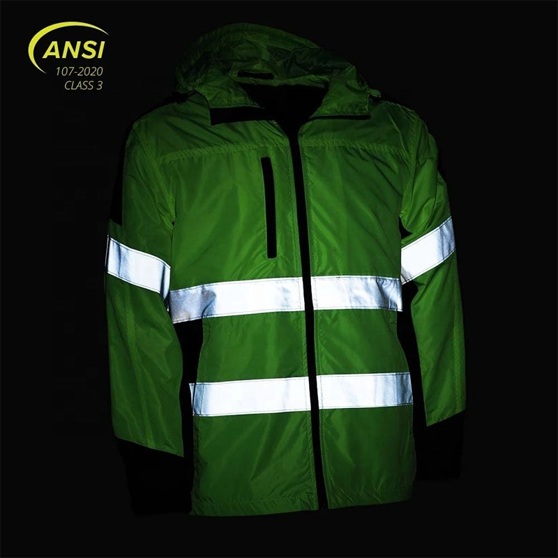 Reflective Apparel High Visibility Hooded Windbreaker Safety ANSI Class 2 Water-Resistant Shell Jacket