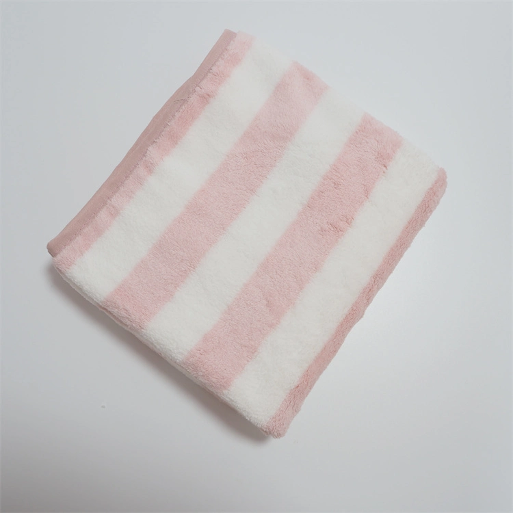 Good Quality Absorbent Microfiber Cationic Blue and White Strip Coral Fleece Towel