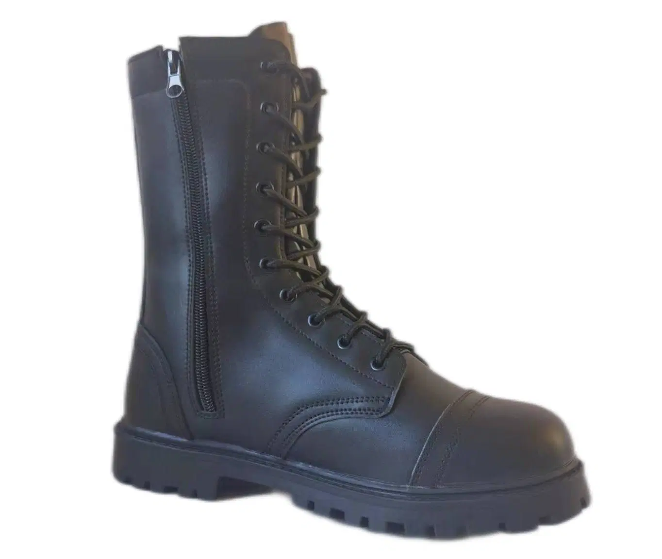 Mens Size High Cut Black Cow Leather Tactical Fight Boots for Soldier Combtat Boots Rubber Sole Side Zipper